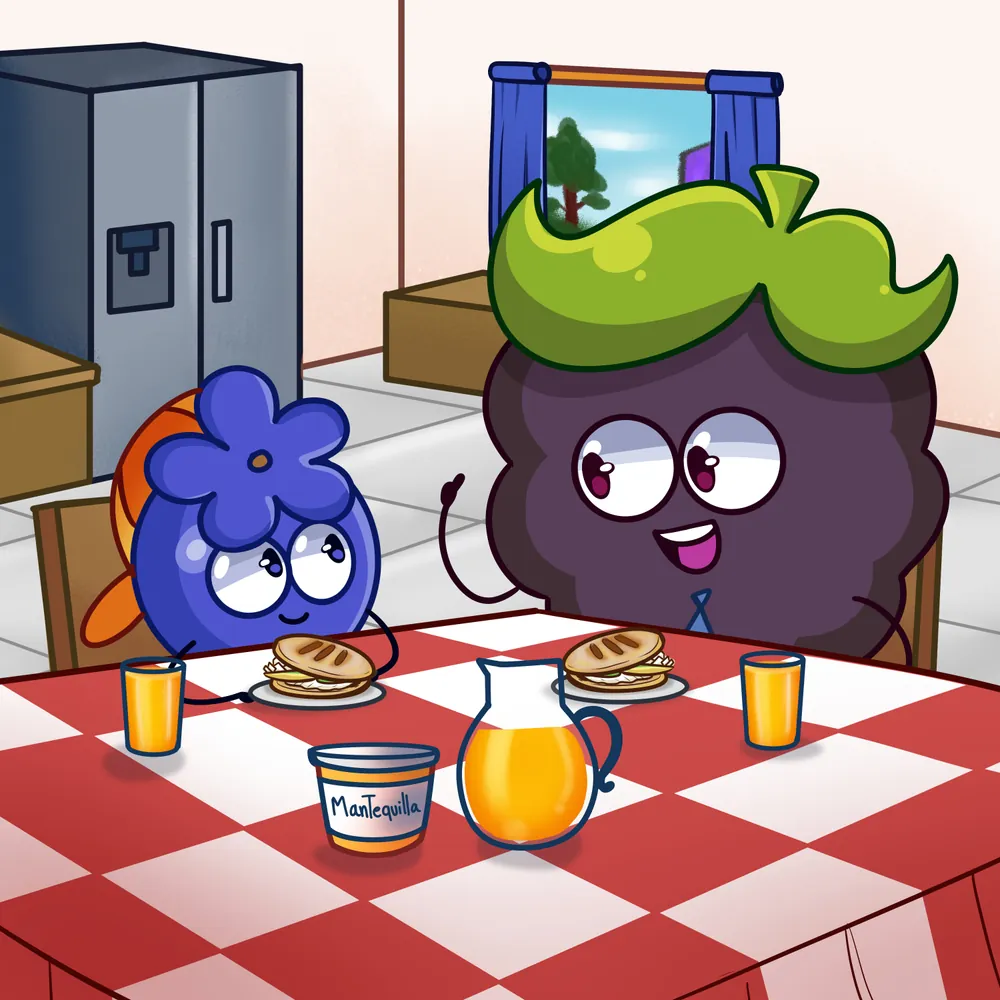 Dos personajes de Mora desayunan juntos en la cocina